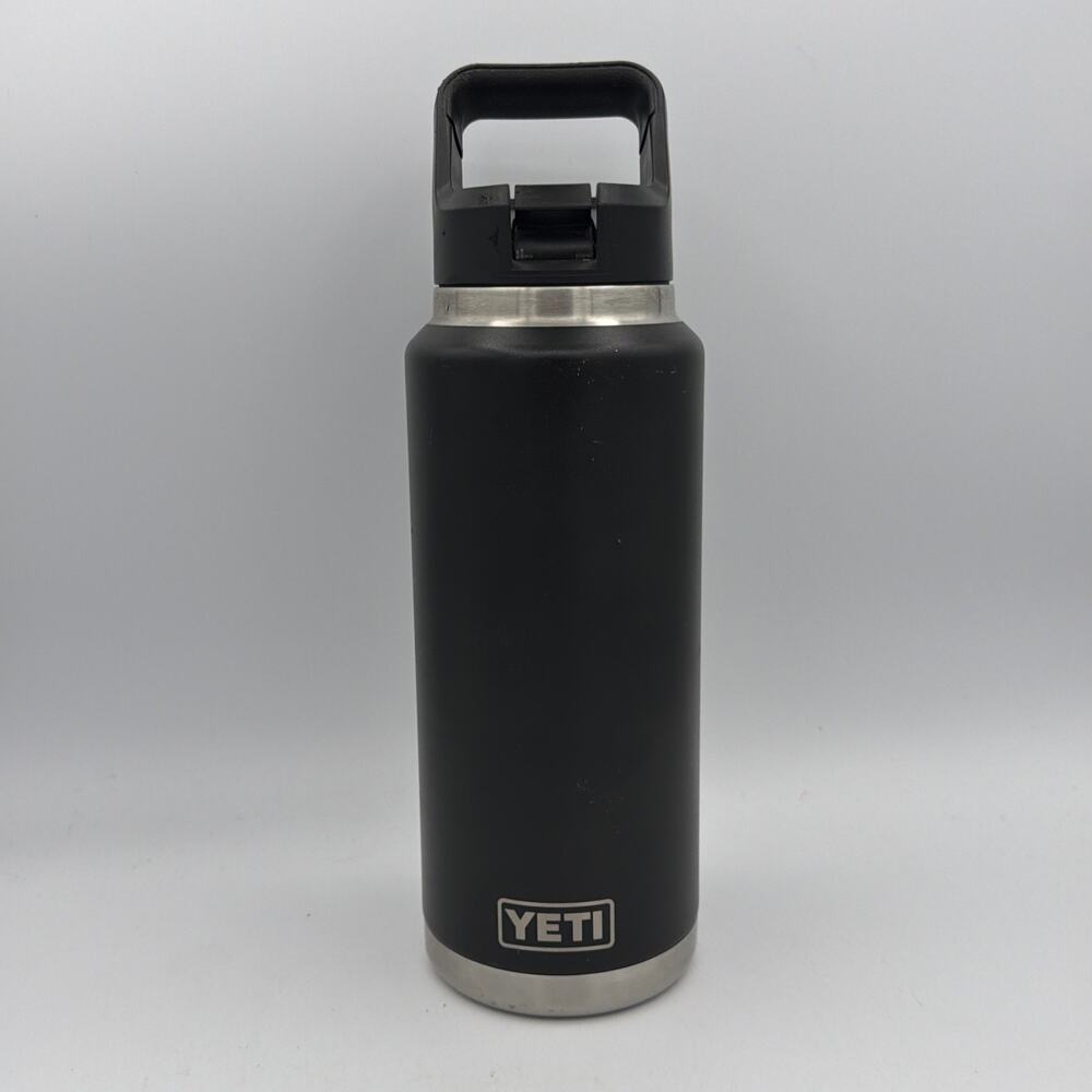 Yeti Rambler Black Stainless Steel Tumbler Water Bottle 36 oz Flip Top Straw